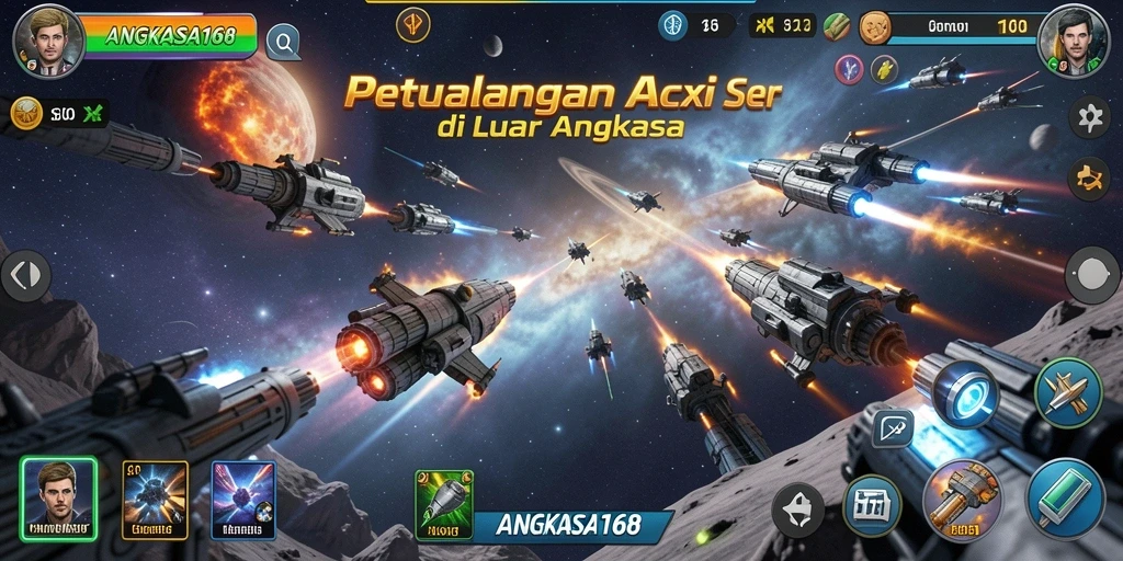 Tampilan seru gameplay <strong>ANGKASA168</strong> dengan aksi tembak-menembak luar angkasa.