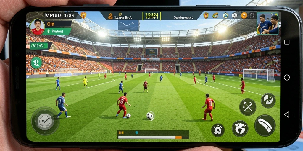 Tampilan gameplay seru dari MPOID dengan aksi sepak bola yang intens.