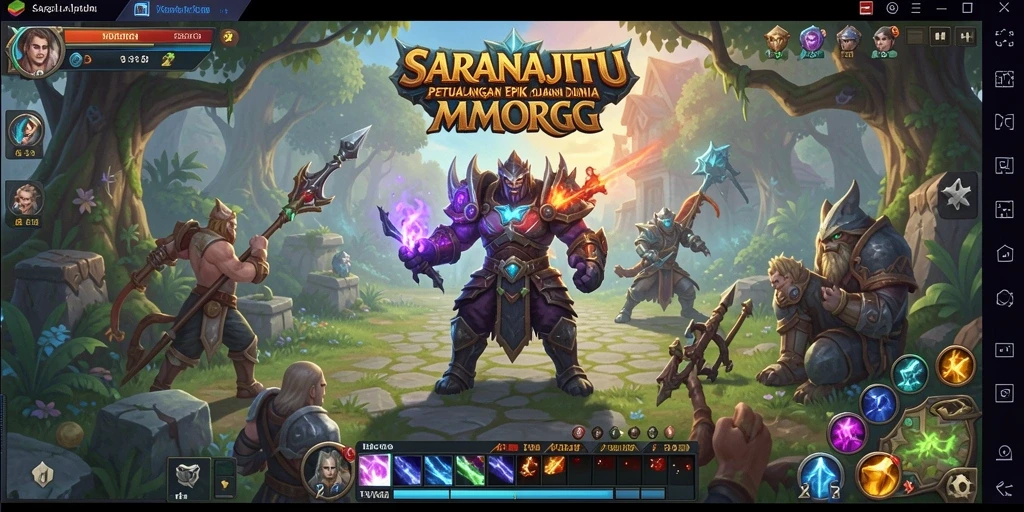 Screenshot utama SARANAJITU menampilkan karakter dalam pertarungan epik di dunia MMORPG.