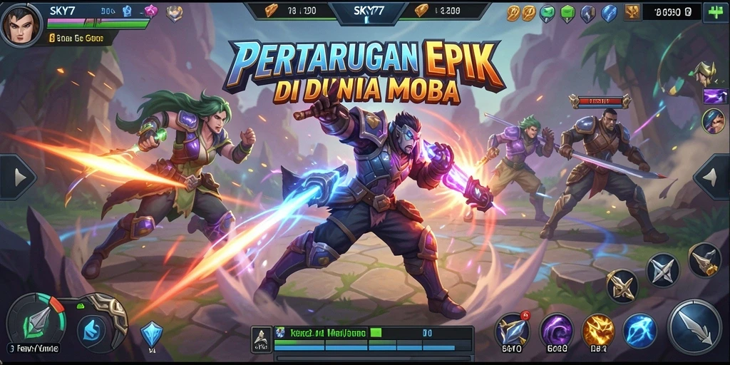 Gambar menampilkan gameplay epik dan pertarungan karakter di <strong>SKY77</strong>.